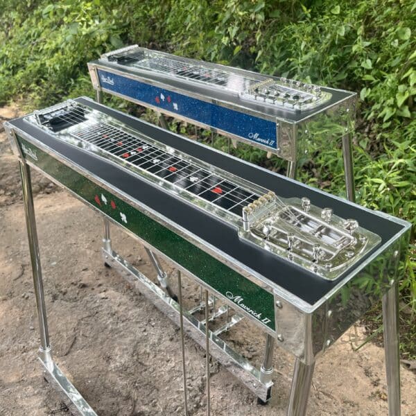 Blue Glass Glitter and Green Glass Glitter on pedal steel guitar