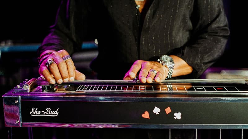Slash playing a Sho-Bud Maverick pedal steel guitar.