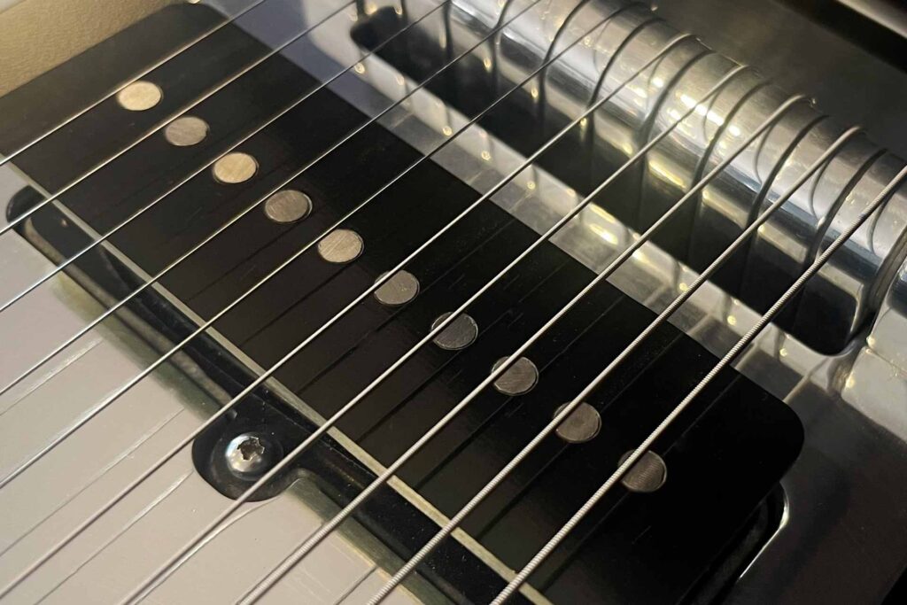 Close-up of the classic Sho-Bud single-coil pickup on the Maverick II pedal steel guitar